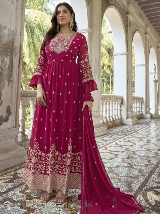 Magnificent Ruby Pink Embroidered Georgette Festive Wear Salwar Suit