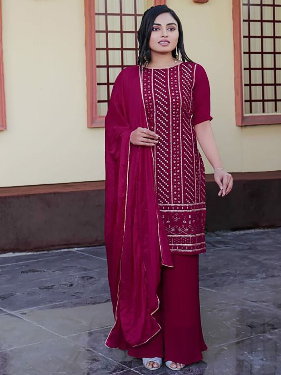 Lovely magenta Zari Work Georgette Festive wear Palazzo Suit