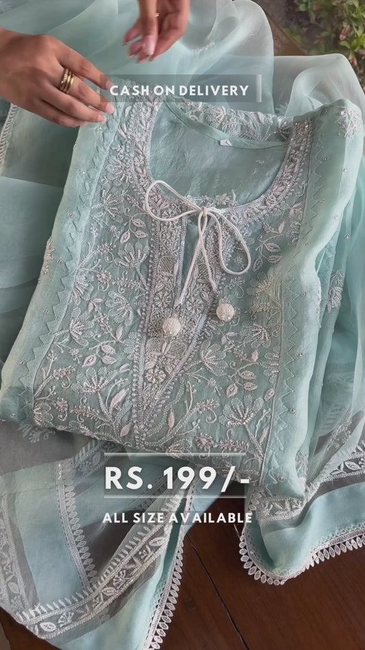 Lucknowi Chikankari Suit Length 2 Piece Sky Blue Organza