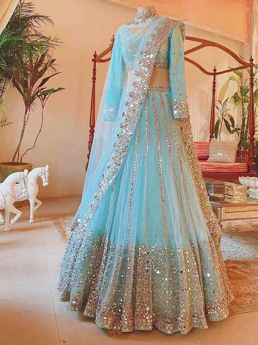 Sky Blue Foil Work Net Party Wear Lehenga Choli