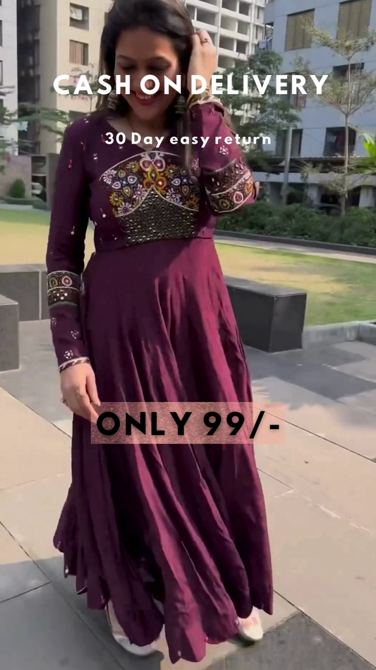 Wine Georgette Embroidered Readymade Gown With Dupatta