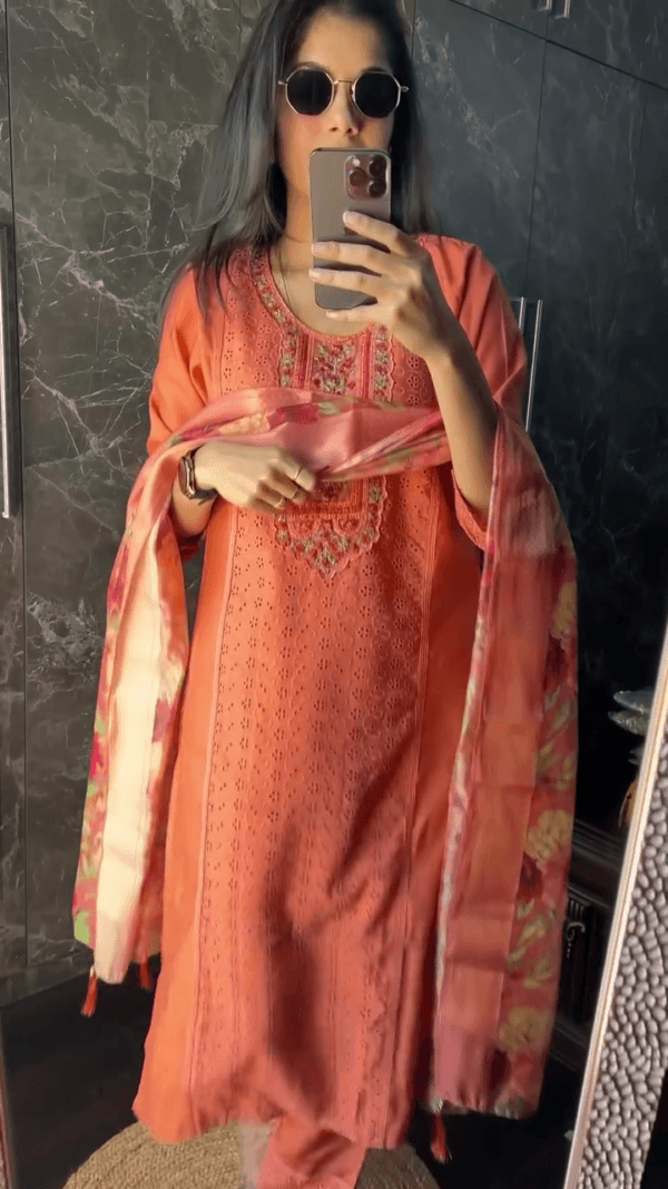 FANCY MUSLIN THREAD WORK TOP BOTTOM WITH DUPATTA YELLOW - Image 6