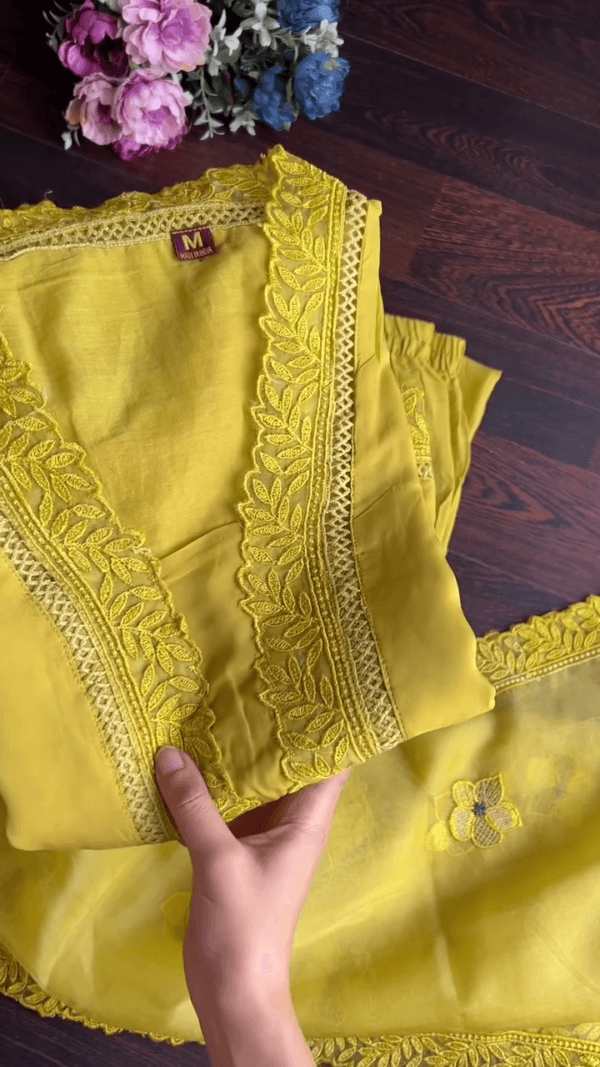 FANCY MUSLIN THREAD WORK TOP BOTTOM WITH DUPATTA YELLOW - Image 4