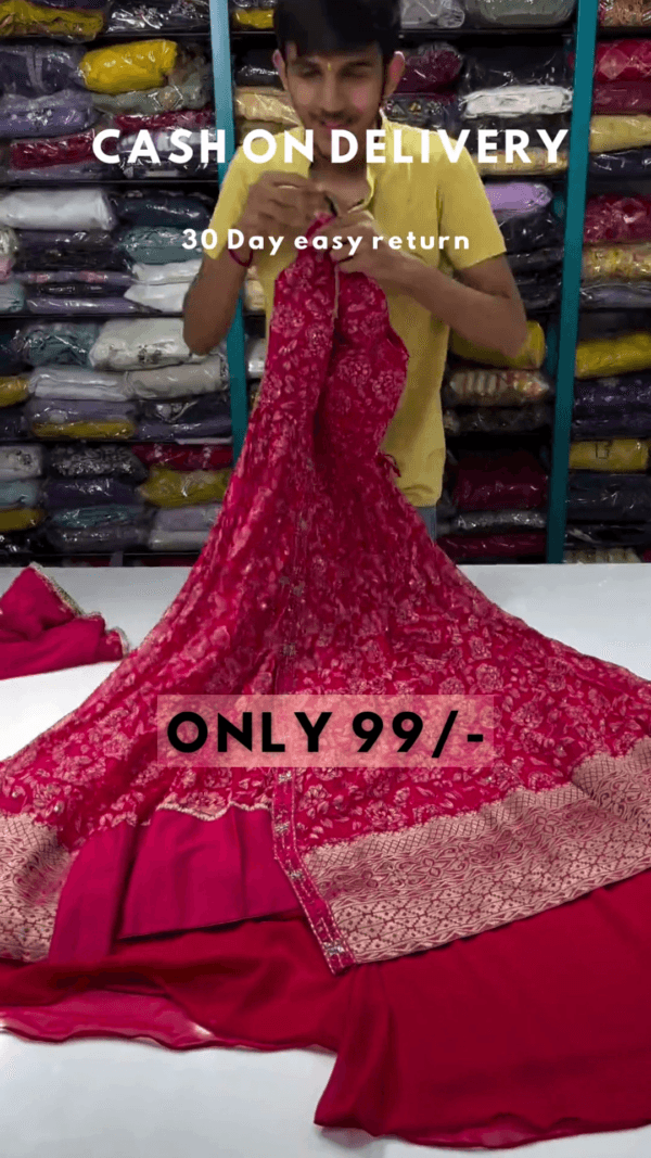 Clover Candy Pink Embroidered Kurti with Sharara and Organza Dupatta (Set of 3) - Image 4
