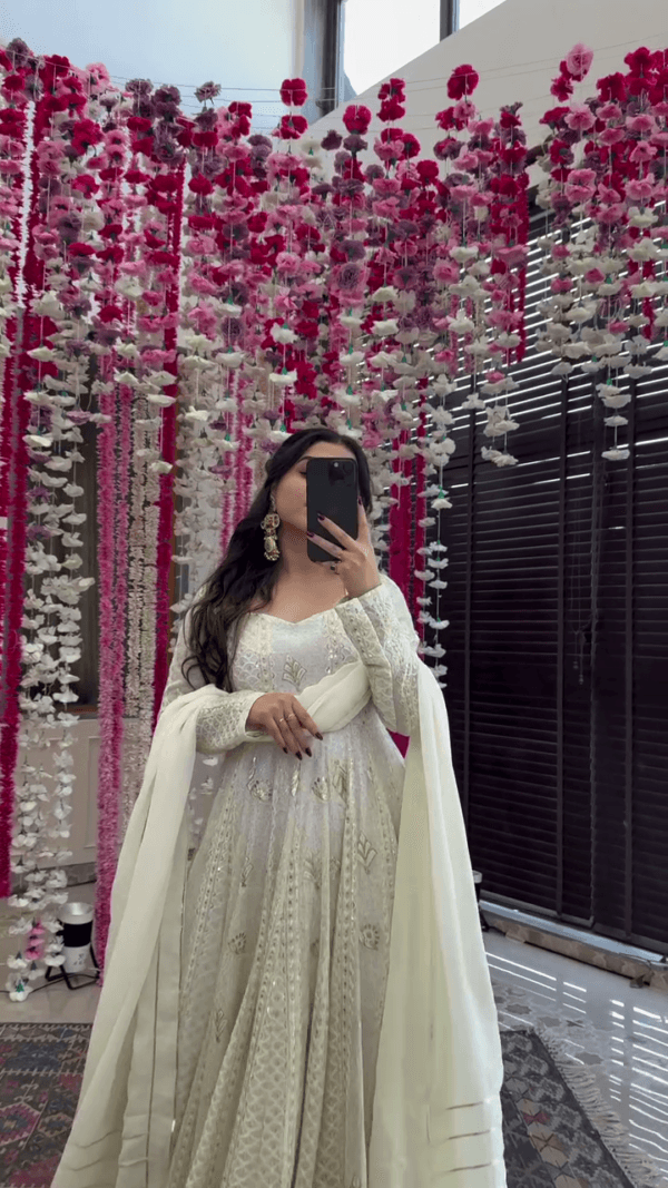 WHITE EMBROIDERED GEORGETTE ANARKALI FULLY STITCHED SUIT SET