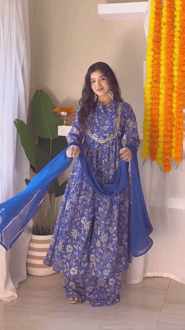 Floral Printed Angrakha Anarkali Kurta With Trousers & Dupatta
