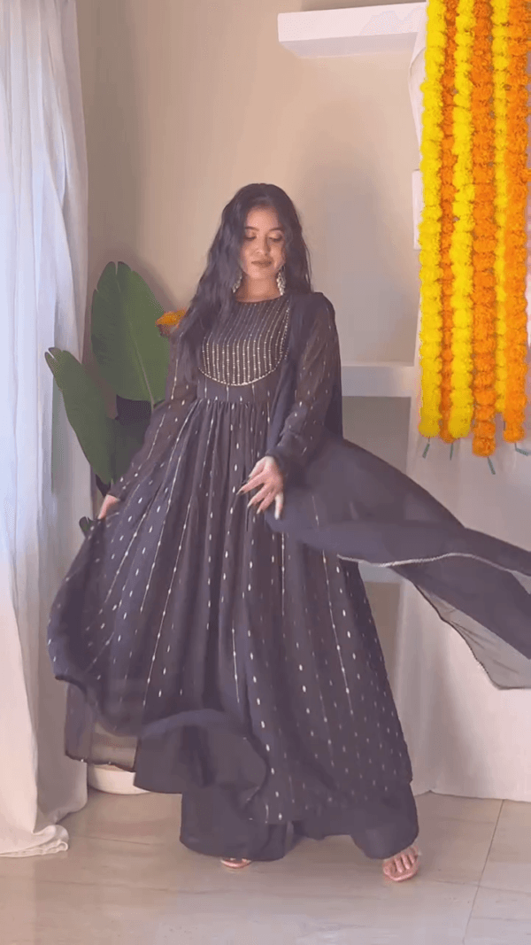 Floral Printed Angrakha Anarkali Kurta With Trousers & Dupatta - Image 3