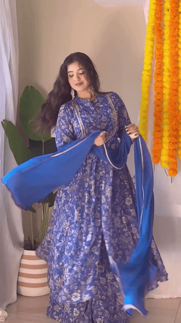 Floral Printed Angrakha Anarkali Kurta With Trousers & Dupatta - Image 2