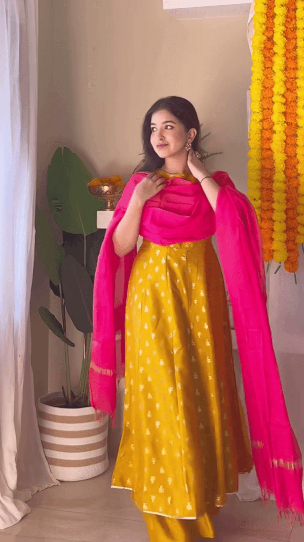 Floral Printed Angrakha Anarkali Kurta With Trousers & Dupatta - Image 5