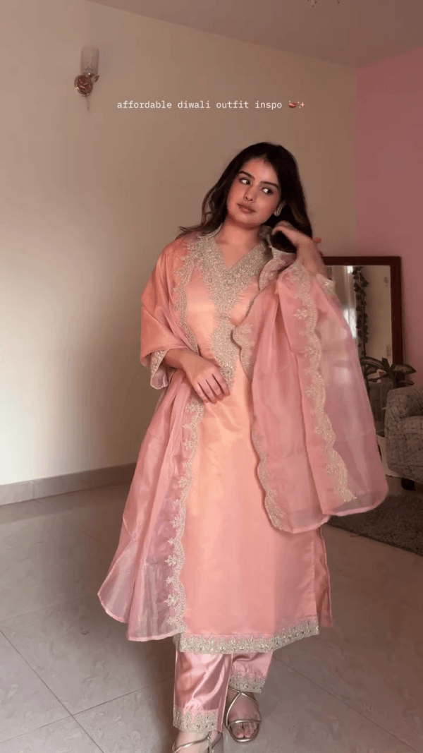 Peach Anarkali And Pant Chanderi Silk Embroidered Crystal V Floral Kurta Set