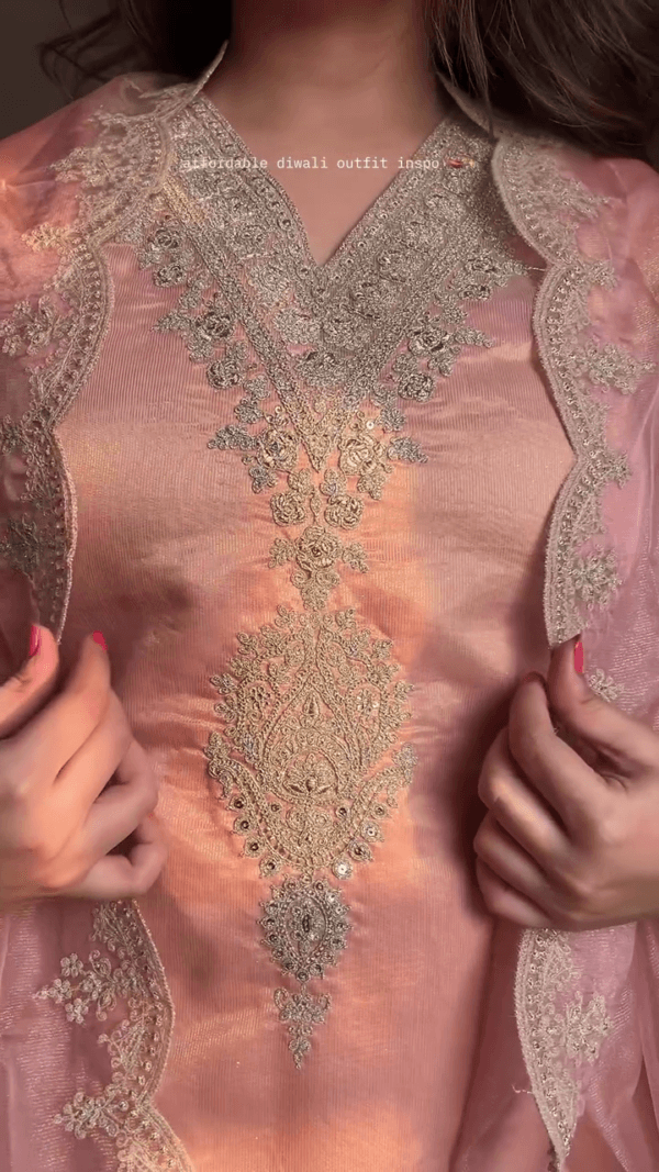 Peach Anarkali And Pant Chanderi Silk Embroidered Crystal V Floral Kurta Set - Image 2