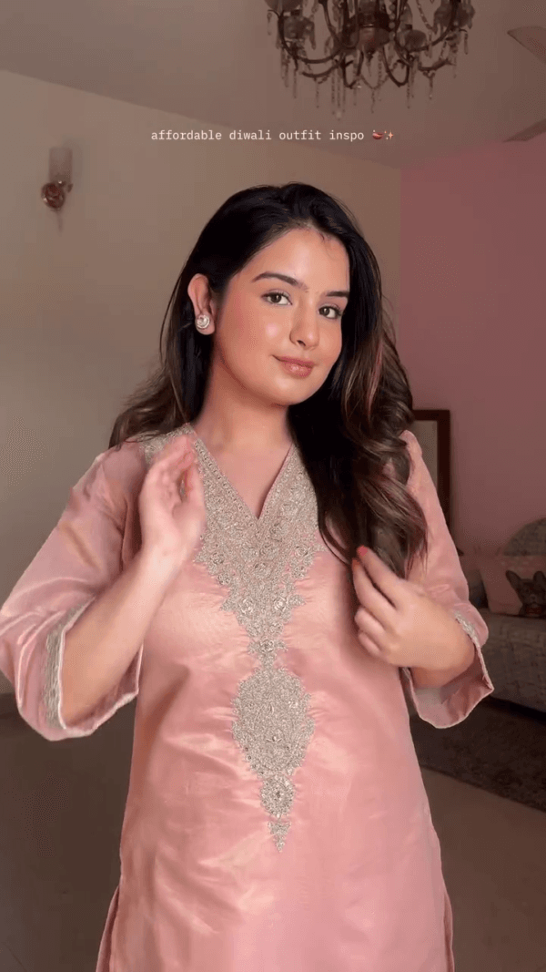 Peach Anarkali And Pant Chanderi Silk Embroidered Crystal V Floral Kurta Set - Image 3