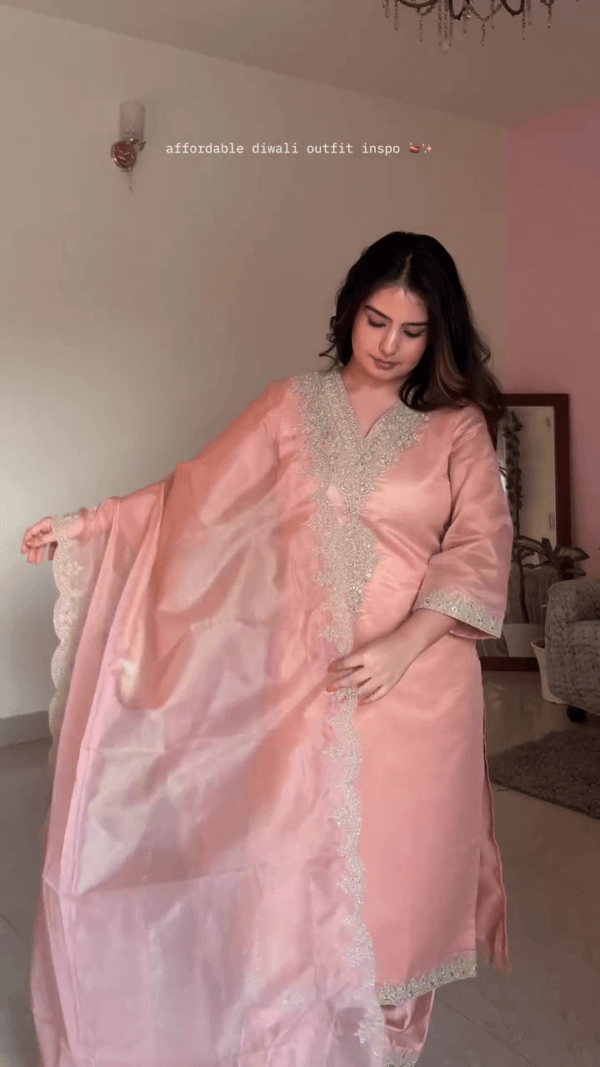 Peach Anarkali And Pant Chanderi Silk Embroidered Crystal V Floral Kurta Set - Image 4
