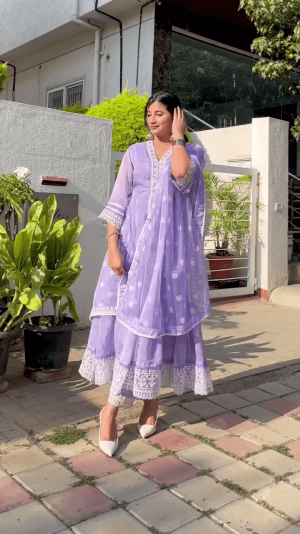 Schiffli Chikankari Pure Cotton Anarkali Kurta With Trousers & Dupatta