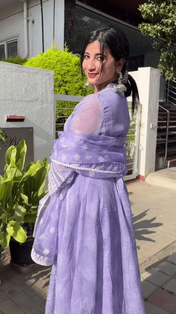 Schiffli Chikankari Pure Cotton Anarkali Kurta With Trousers & Dupatta - Image 2