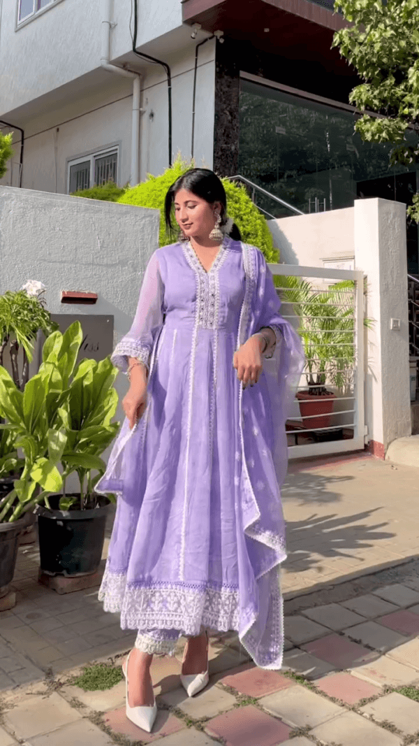 Schiffli Chikankari Pure Cotton Anarkali Kurta With Trousers & Dupatta - Image 3