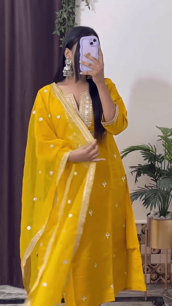 Floral Embroidered Zari Kurta with Trousers & Dupatta (7 Design) - Image 3
