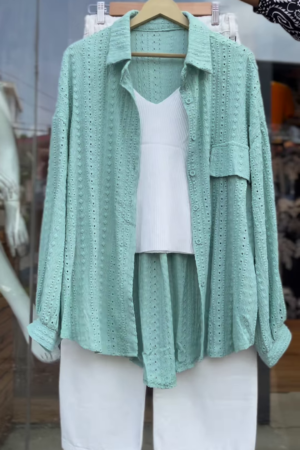 Breathable Eyelet Co-ord Set in Mint Green - Stylish Women's Shirt, Top & Shorts Trio