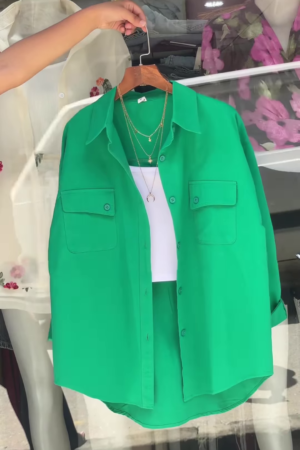 Vibrant Green Oversized Button-Down Shirt - Women's Stylish Casual Top with Pockets