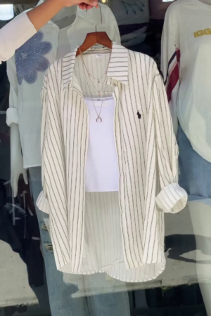 Women’s Statement Layered Streetwear Ensemble – Floral Print Shirt, Bold Sleeve Tee & Striped Button-Up