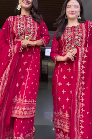 Couple’s Coordinated Red Embroidered Kurta Set with Dupattas – Festive Ethnic Portrait Ensemble