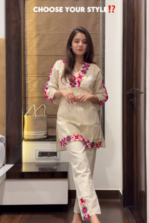 Women’s Beige Embroidered Kurta Pant Set with Geometric Pink-Green Motifs – Cultural Boutique Portrait Edit