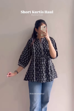 Women’s Black Short Kurti with White Threadwork & Light Blue Jeans – Casual Ethnic Streetwear Edit