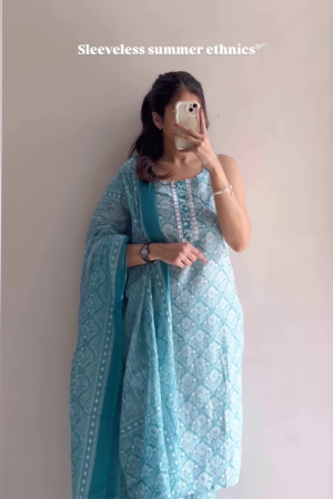 Women’s Sleeveless Light Blue Embroidered Kurta Pant Set with Dupatta – Elegant Summer Ethnicwear