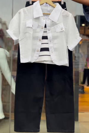 Women’s White Buttoned Crop Jacket with Striped Inner Top and Black Pants – Layered Streetwear Ensemble