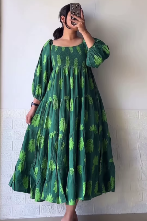 Women’s Leaf-Print Green Maxi Dress with Smocked Bodice and Tiered Skirt – Elegant Casualwear from Summer Portrait Series