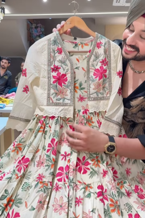 Women’s Cream Floral Embroidered Anarkali Dress with Fitted Bodice & Flared Hem – Vibrant Occasionwear for Ethnic Styling