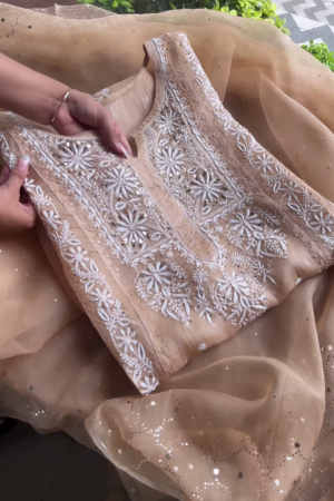 Beige Sheer Embroidered Fabric Panel with White Floral Motifs & Sequin Accents – Ethnicwear Material