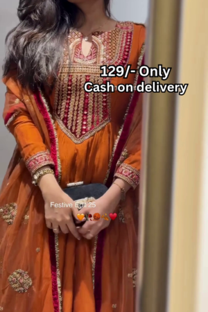 Women’s Orange Embroidered Kurti with Gold & Red Threadwork – Festive Ethnicwear Styled with Black Clutch Accessory