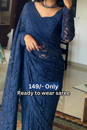 Women’s Dark Blue Lace Saree with Floral Patterns & Matching Blouse – Ready-to-Wear Ethnic Ensemble Styled with Beaded Necklace