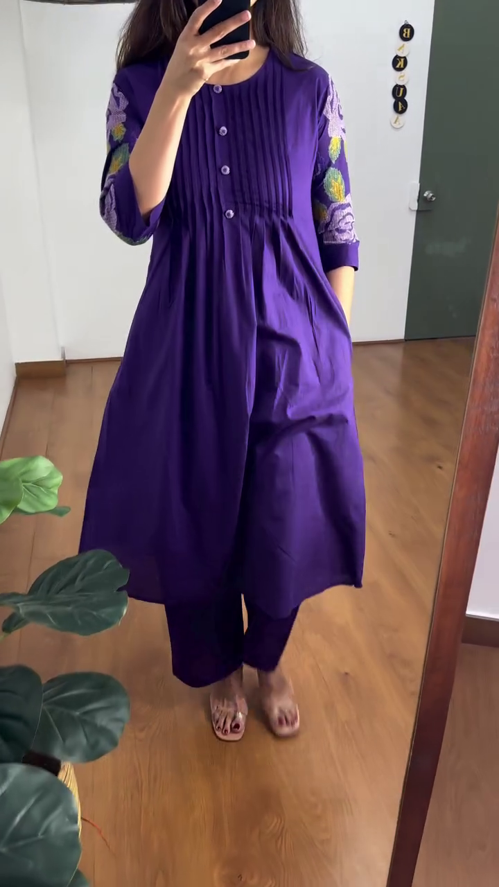 Purple Cotton Kurta Set with Embroidered Sleeves