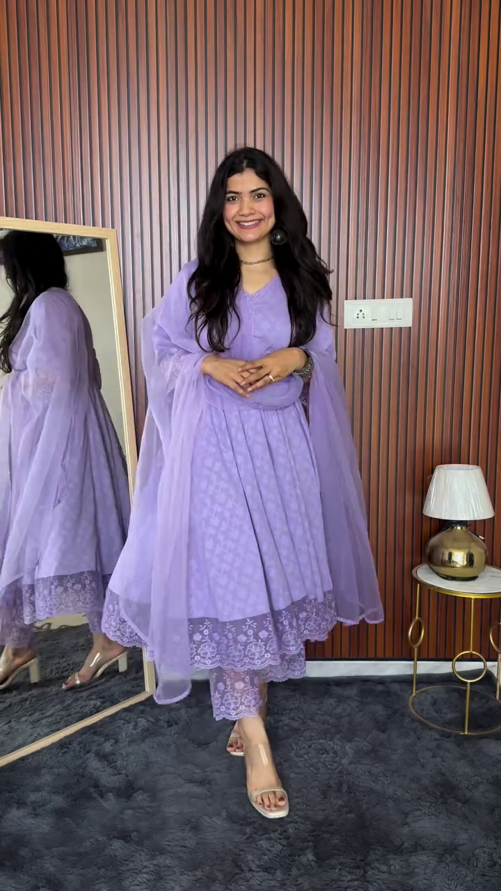 Lavender Anarkali Suit with Lace Detailing and Dupatta - Image 2