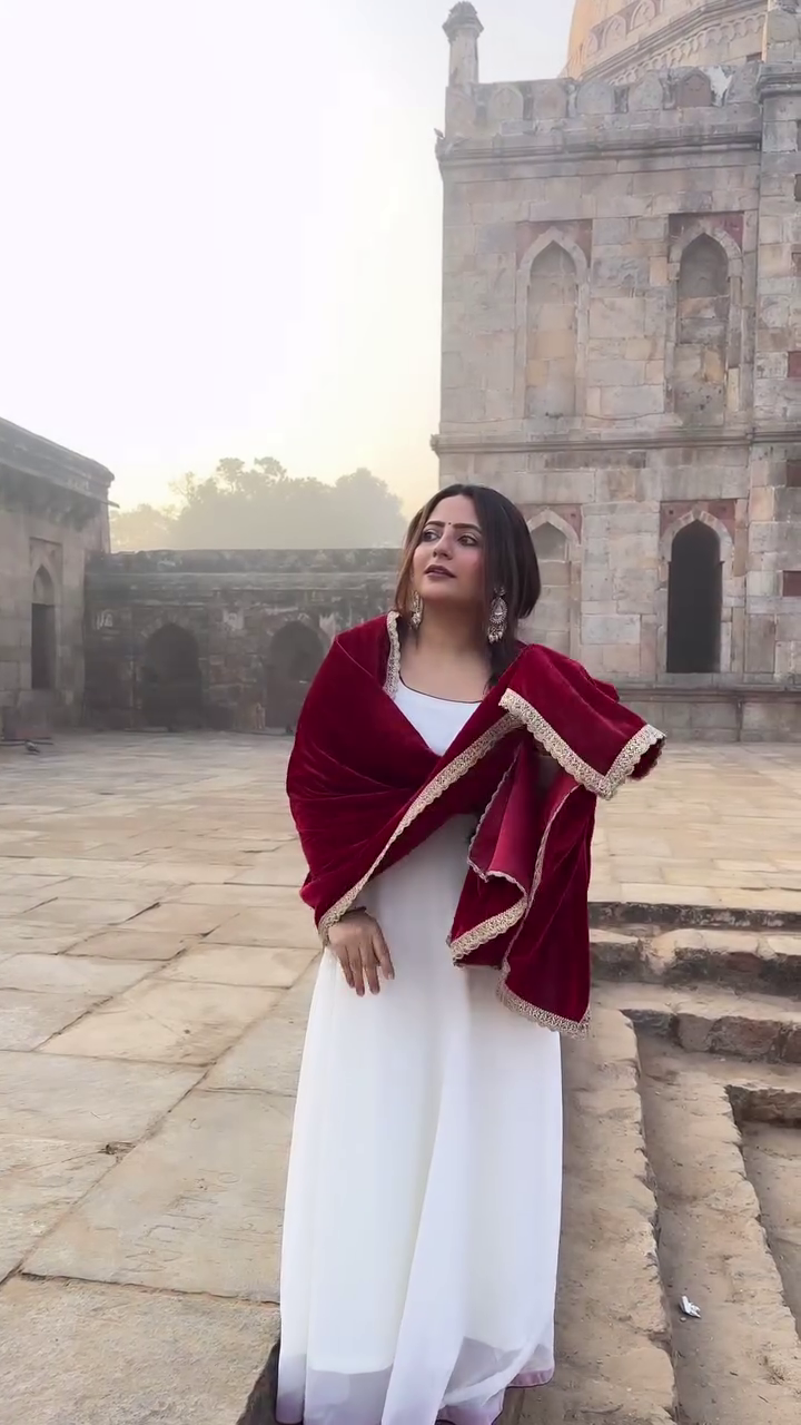 Ivory Elegance Anarkali with Velvet Shawl