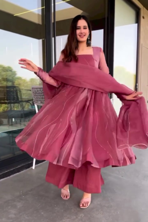 Dusty Rose Flared Kurta Set with Dupatta