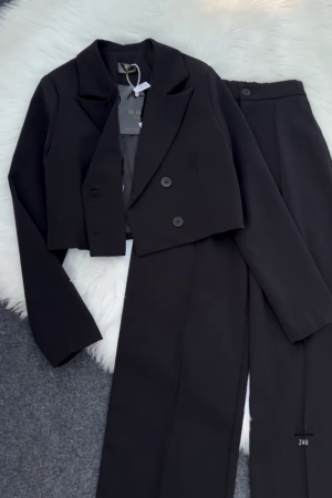 Black Cropped Blazer & High-Waist Trousers Co-ord Set