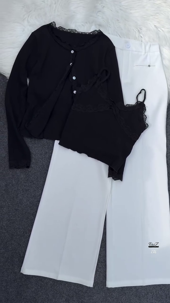 Grey Lace-Trimmed Knit Top & White Pants Co-ord Set