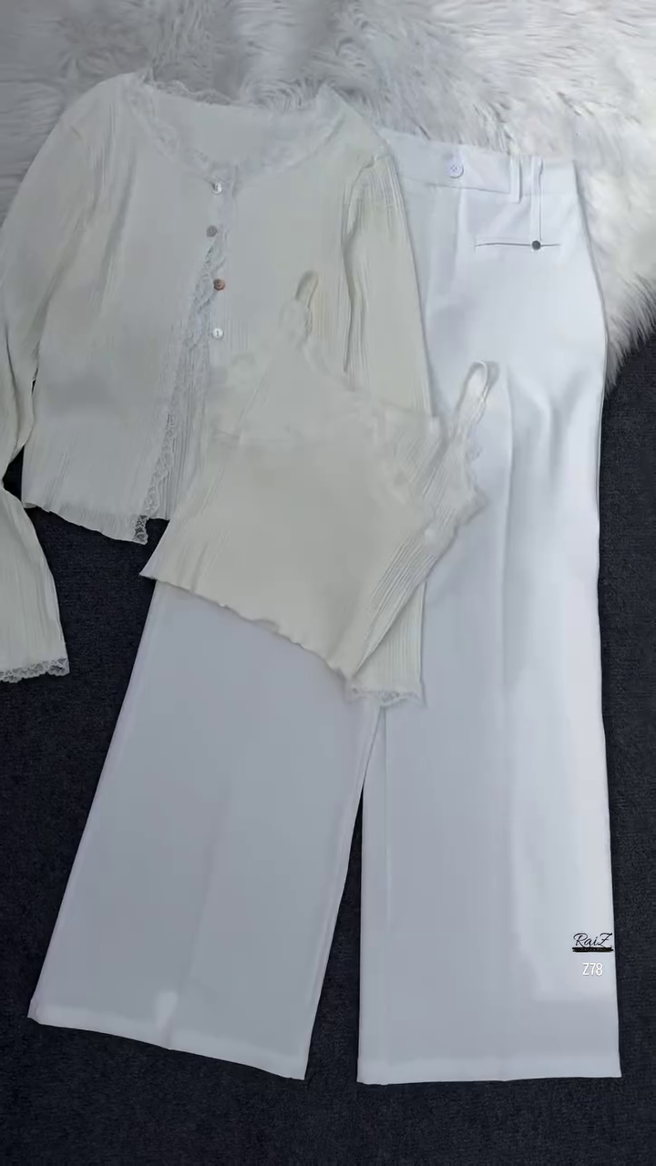 Grey Lace-Trimmed Knit Top & White Pants Co-ord Set - Image 4