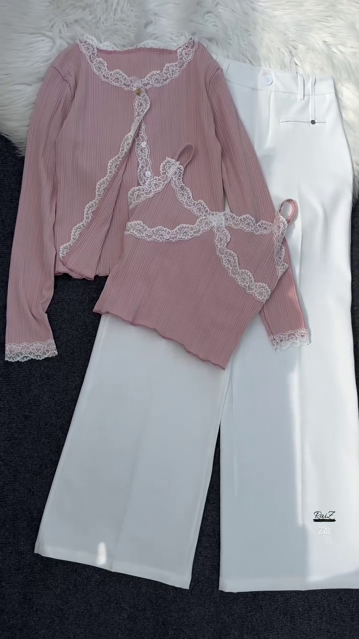 Grey Lace-Trimmed Knit Top & White Pants Co-ord Set - Image 3