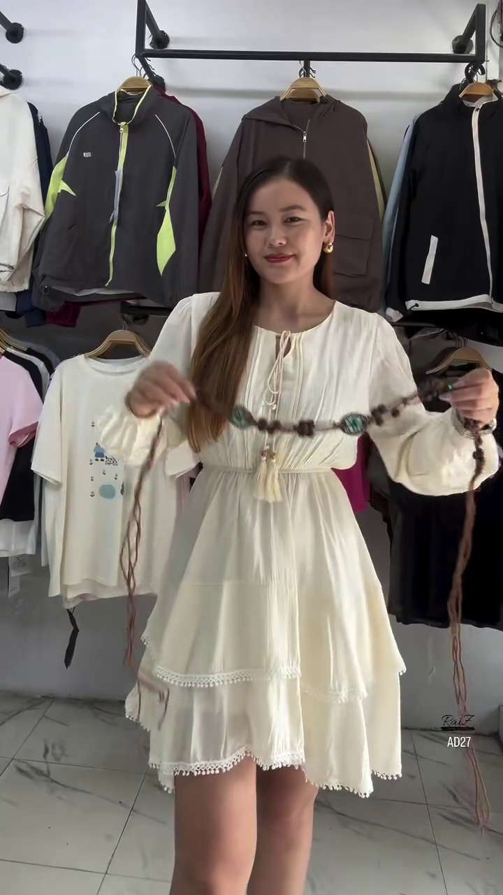 Women’s Cream Boho Long Sleeve Belted Mini Dress - Image 3