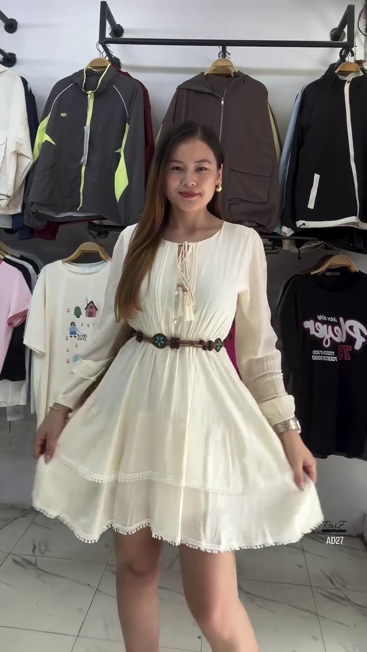 Women’s Cream Boho Long Sleeve Belted Mini Dress