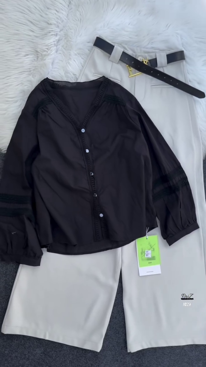 Women’s Black Button-Down Blouse with Beige Wide-Leg Trousers Set