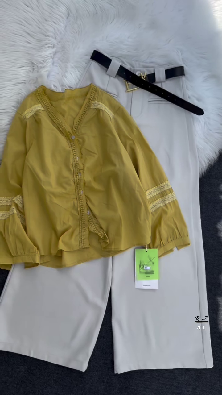 Women’s Black Button-Down Blouse with Beige Wide-Leg Trousers Set - Image 2