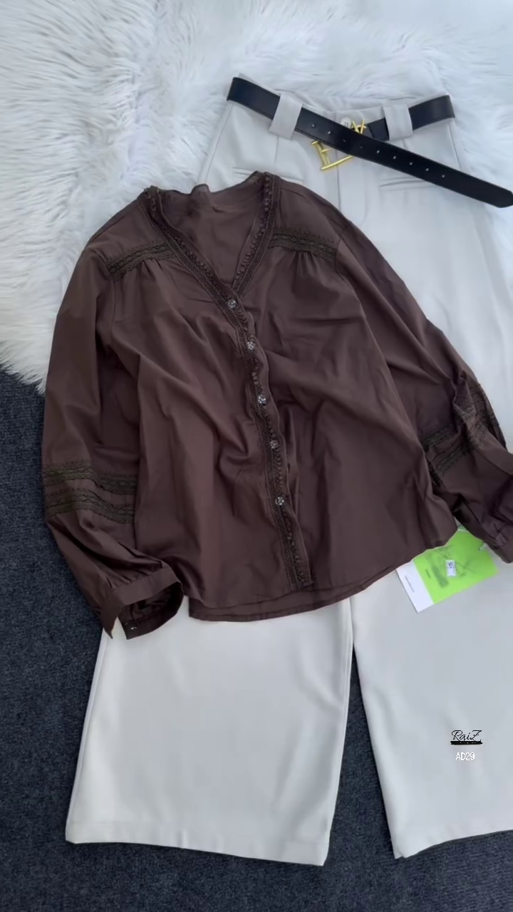 Women’s Black Button-Down Blouse with Beige Wide-Leg Trousers Set - Image 4