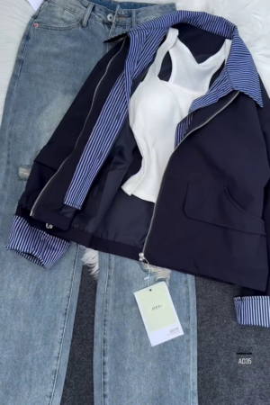 Women’s Casual Zip-Up Jacket with Striped Lining – Navy Blue