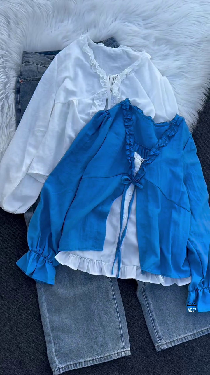 Women’s Ruffled V-Neck Button Blouse with Lace Accent