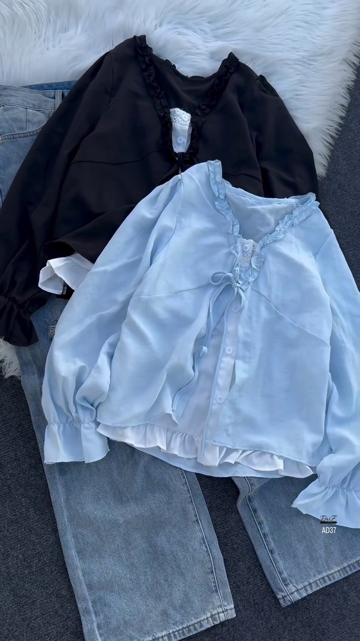 Women’s Ruffled V-Neck Button Blouse with Lace Accent - Image 2